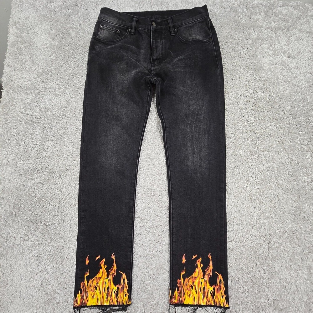 MNML Men Straight‎ Black Flame Graphic Jeans 31x31 Raw Hem Punk Rock Streetwear